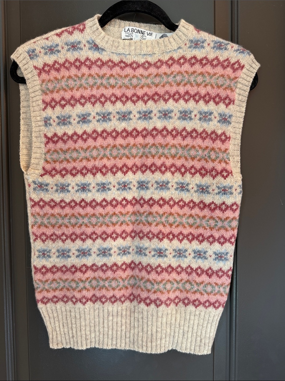 Cream & Pink Fair Isle Knit Sleeveless Sweater Vest Vintage